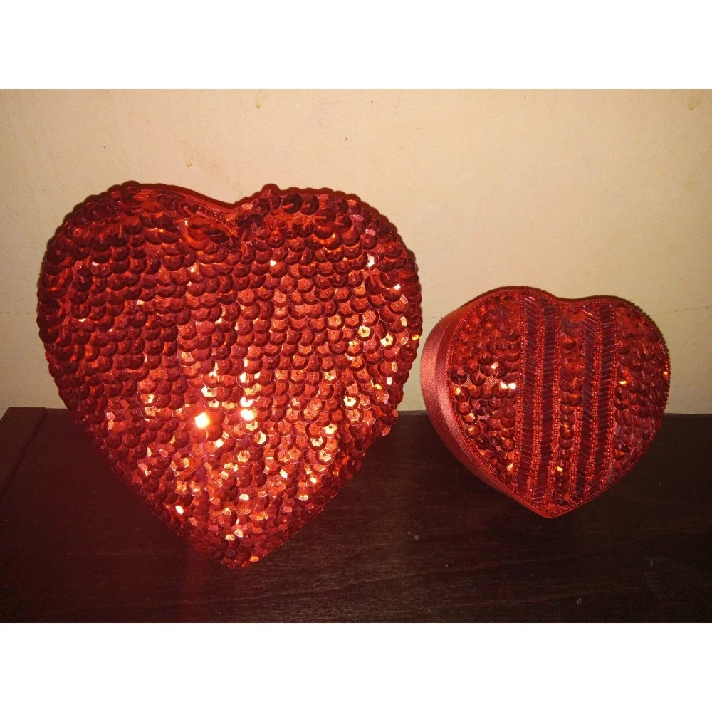 LOT OF 2 New Vintage Sequined Red Heart Box‎ Jewelry Trinket Candy VALENTINE